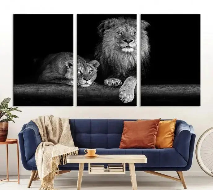 The vibrant 'Lion Family Wall Art Canvas Print' on the wall is a captivating artwork made with museum-quality polycotton and a UV-protective coating. It arrives ready to hang, adding an elegant touch to your space.