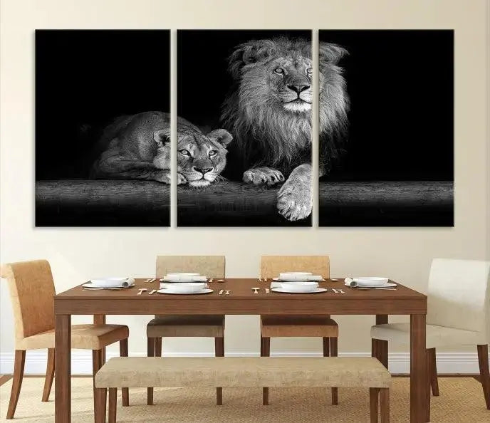 The vibrant 'Lion Family Wall Art Canvas Print' on the wall is a captivating artwork made with museum-quality polycotton and a UV-protective coating. It arrives ready to hang, adding an elegant touch to your space.