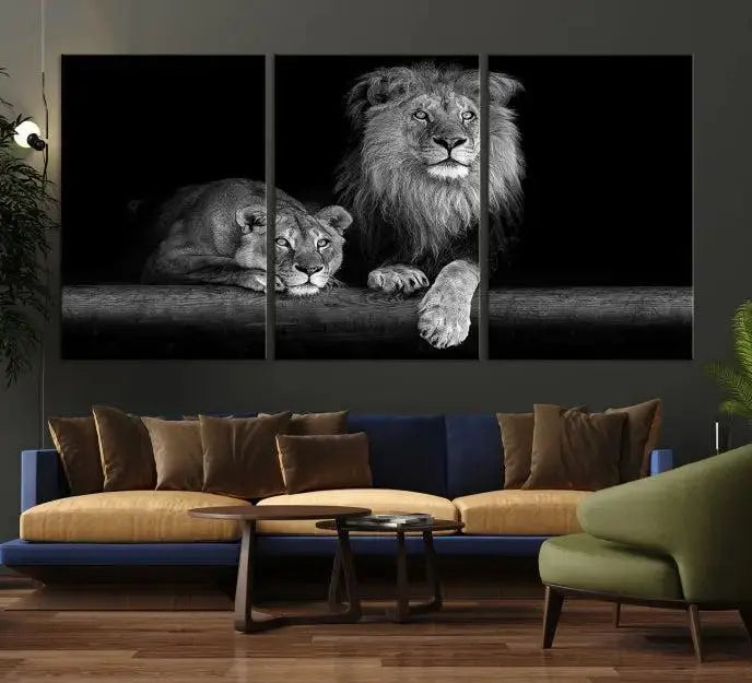 The vibrant 'Lion Family Wall Art Canvas Print' on the wall is a captivating artwork made with museum-quality polycotton and a UV-protective coating. It arrives ready to hang, adding an elegant touch to your space.