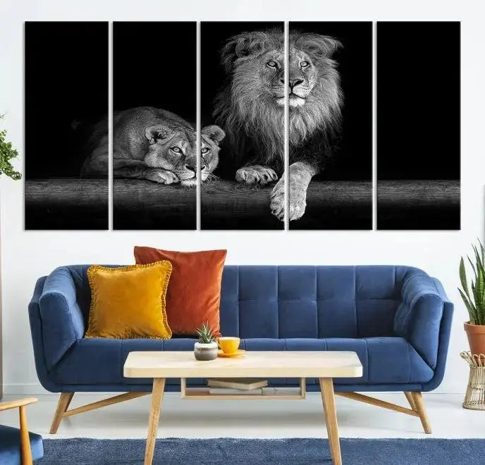 The vibrant 'Lion Family Wall Art Canvas Print' on the wall is a captivating artwork made with museum-quality polycotton and a UV-protective coating. It arrives ready to hang, adding an elegant touch to your space.