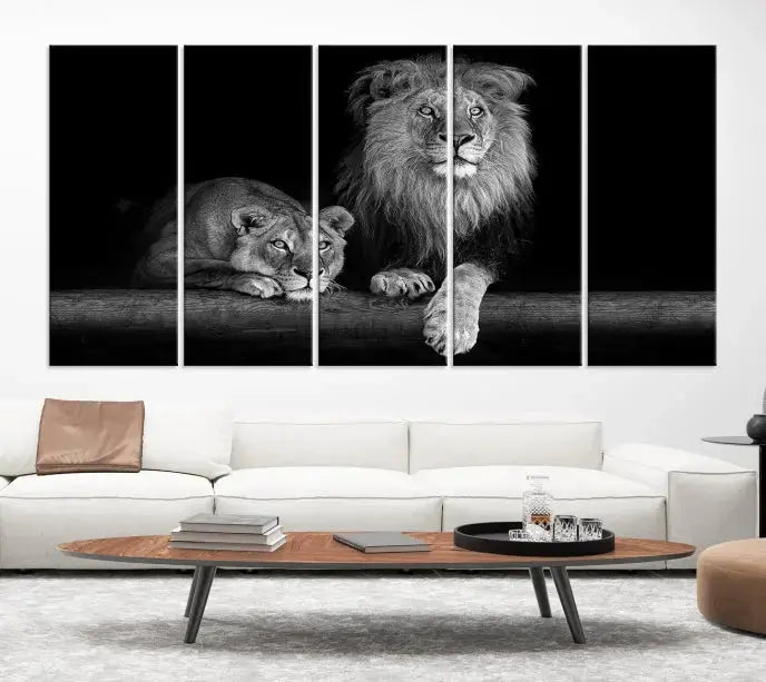 The vibrant 'Lion Family Wall Art Canvas Print' on the wall is a captivating artwork made with museum-quality polycotton and a UV-protective coating. It arrives ready to hang, adding an elegant touch to your space.