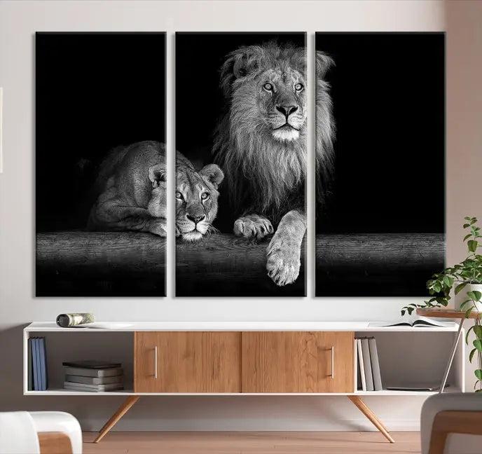 The vibrant 'Lion Family Wall Art Canvas Print' on the wall is a captivating artwork made with museum-quality polycotton and a UV-protective coating. It arrives ready to hang, adding an elegant touch to your space.