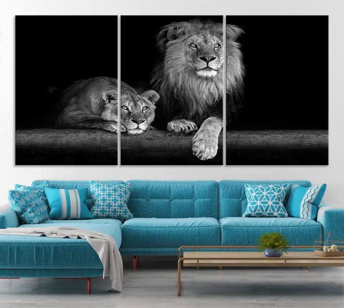 The vibrant 'Lion Family Wall Art Canvas Print' on the wall is a captivating artwork made with museum-quality polycotton and a UV-protective coating. It arrives ready to hang, adding an elegant touch to your space.