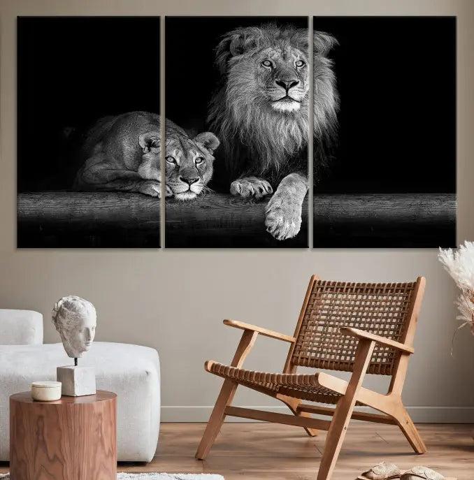 The vibrant 'Lion Family Wall Art Canvas Print' on the wall is a captivating artwork made with museum-quality polycotton and a UV-protective coating. It arrives ready to hang, adding an elegant touch to your space.