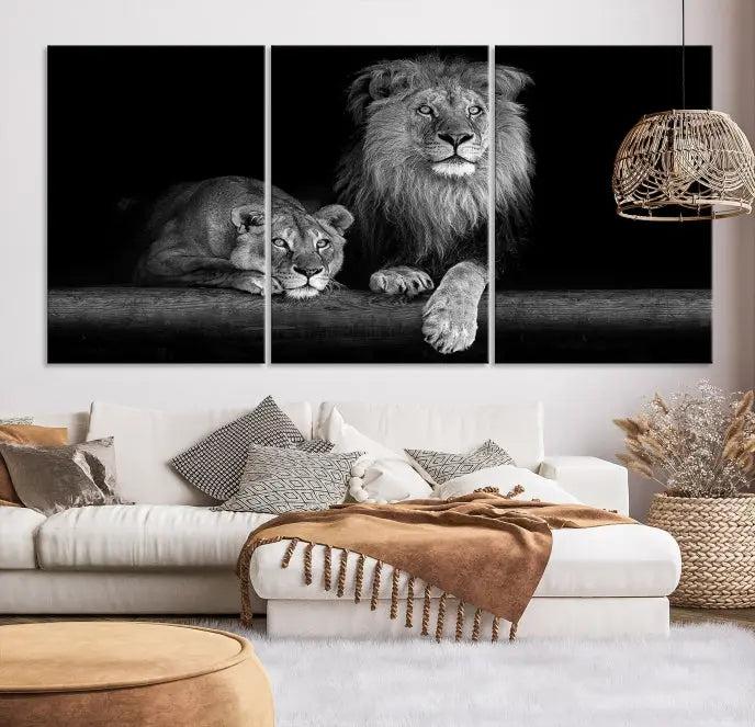 The vibrant 'Lion Family Wall Art Canvas Print' on the wall is a captivating artwork made with museum-quality polycotton and a UV-protective coating. It arrives ready to hang, adding an elegant touch to your space.