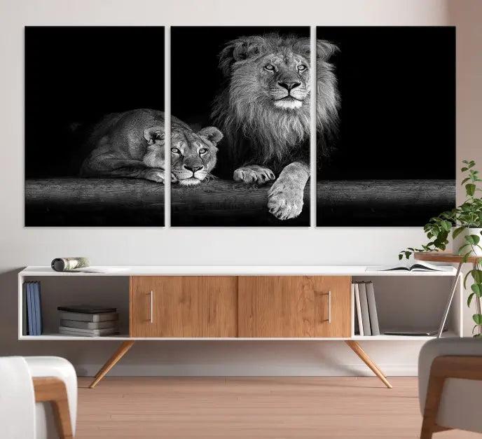 The vibrant 'Lion Family Wall Art Canvas Print' on the wall is a captivating artwork made with museum-quality polycotton and a UV-protective coating. It arrives ready to hang, adding an elegant touch to your space.