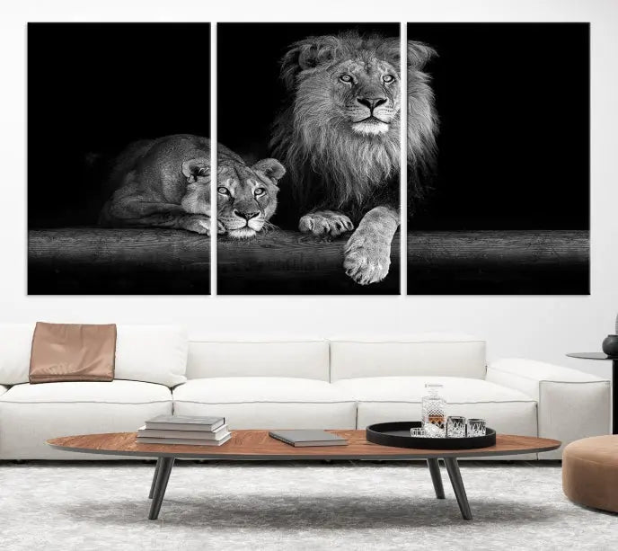 The vibrant 'Lion Family Wall Art Canvas Print' on the wall is a captivating artwork made with museum-quality polycotton and a UV-protective coating. It arrives ready to hang, adding an elegant touch to your space.