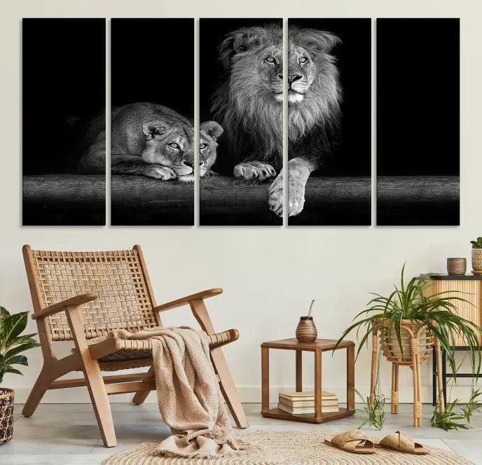 The vibrant 'Lion Family Wall Art Canvas Print' on the wall is a captivating artwork made with museum-quality polycotton and a UV-protective coating. It arrives ready to hang, adding an elegant touch to your space.