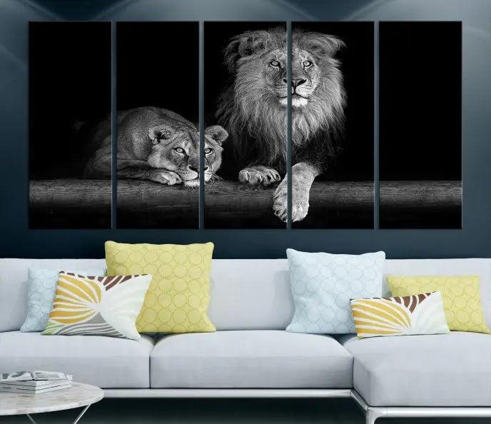 The vibrant 'Lion Family Wall Art Canvas Print' on the wall is a captivating artwork made with museum-quality polycotton and a UV-protective coating. It arrives ready to hang, adding an elegant touch to your space.