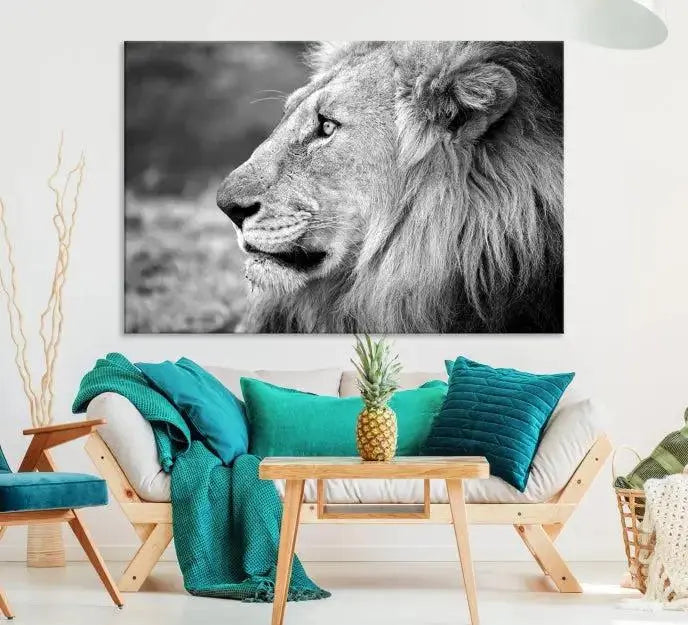 A Lion Wall Art Canvas Print in black and white graces the wall, crafted on museum-quality canvases with a UV-protective coating.