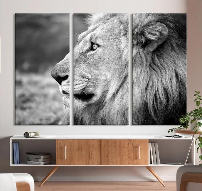 A Lion Wall Art Canvas Print in black and white graces the wall, crafted on museum-quality canvases with a UV-protective coating.