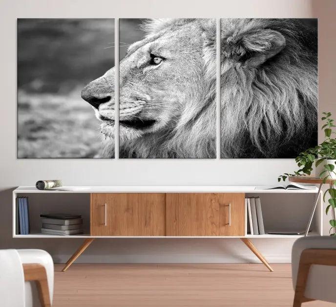 A Lion Wall Art Canvas Print in black and white graces the wall, crafted on museum-quality canvases with a UV-protective coating.