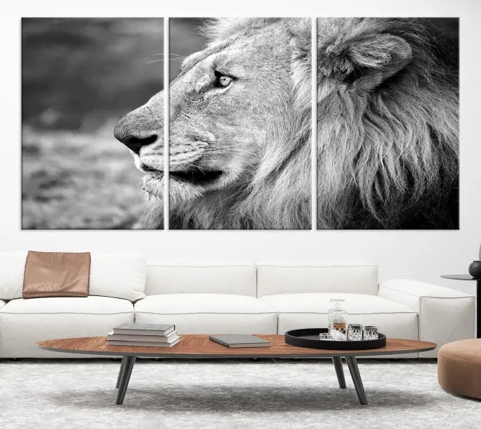 A Lion Wall Art Canvas Print in black and white graces the wall, crafted on museum-quality canvases with a UV-protective coating.