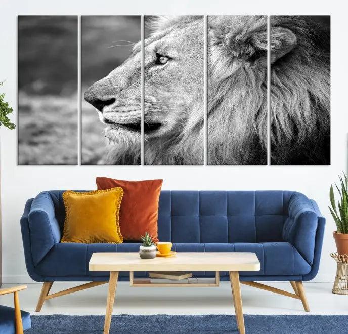 A Lion Wall Art Canvas Print in black and white graces the wall, crafted on museum-quality canvases with a UV-protective coating.