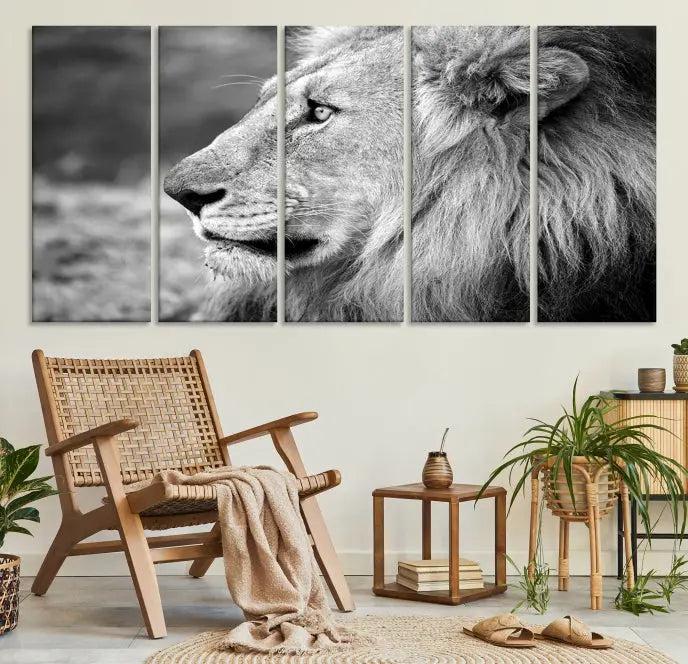 A Lion Wall Art Canvas Print in black and white graces the wall, crafted on museum-quality canvases with a UV-protective coating.