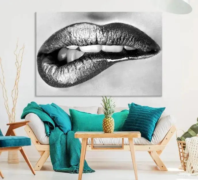 A striking triptych of Lip Bite Wall Art Canvas Print, featuring glossy metallic lips, gleams against a black background. Its UV-protective coating guarantees enduring vibrancy.