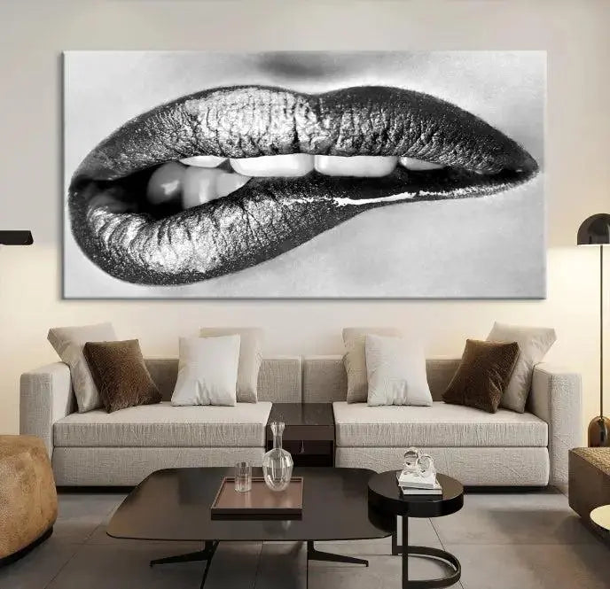 A striking triptych of Lip Bite Wall Art Canvas Print, featuring glossy metallic lips, gleams against a black background. Its UV-protective coating guarantees enduring vibrancy.