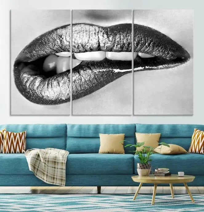 A striking triptych of Lip Bite Wall Art Canvas Print, featuring glossy metallic lips, gleams against a black background. Its UV-protective coating guarantees enduring vibrancy.