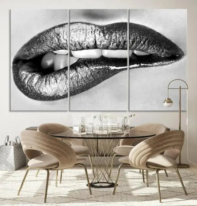 A striking triptych of Lip Bite Wall Art Canvas Print, featuring glossy metallic lips, gleams against a black background. Its UV-protective coating guarantees enduring vibrancy.