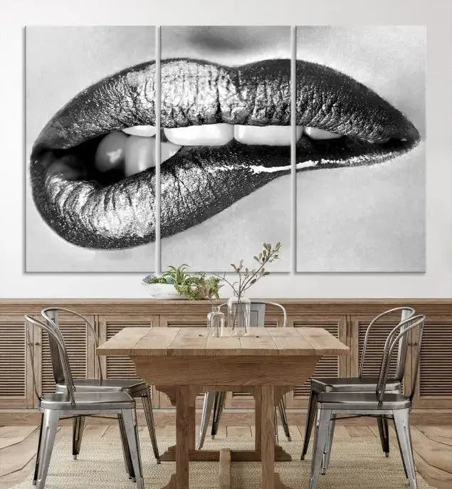 A striking triptych of Lip Bite Wall Art Canvas Print, featuring glossy metallic lips, gleams against a black background. Its UV-protective coating guarantees enduring vibrancy.