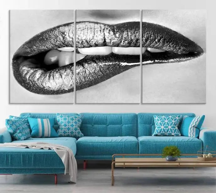 A striking triptych of Lip Bite Wall Art Canvas Print, featuring glossy metallic lips, gleams against a black background. Its UV-protective coating guarantees enduring vibrancy.