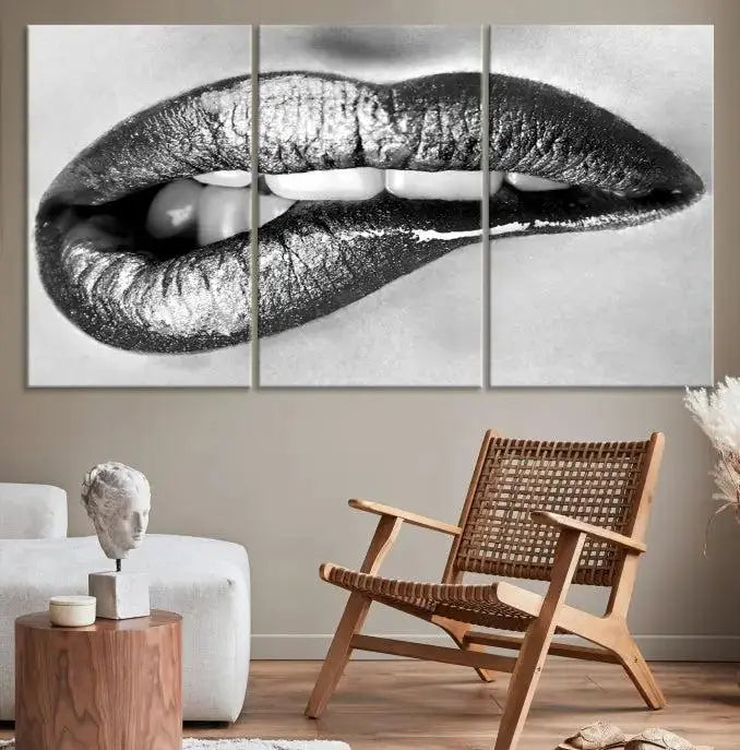 A striking triptych of Lip Bite Wall Art Canvas Print, featuring glossy metallic lips, gleams against a black background. Its UV-protective coating guarantees enduring vibrancy.