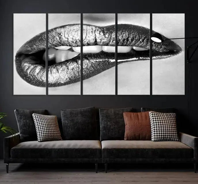 A striking triptych of Lip Bite Wall Art Canvas Print, featuring glossy metallic lips, gleams against a black background. Its UV-protective coating guarantees enduring vibrancy.