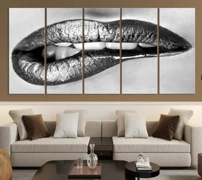 A striking triptych of Lip Bite Wall Art Canvas Print, featuring glossy metallic lips, gleams against a black background. Its UV-protective coating guarantees enduring vibrancy.