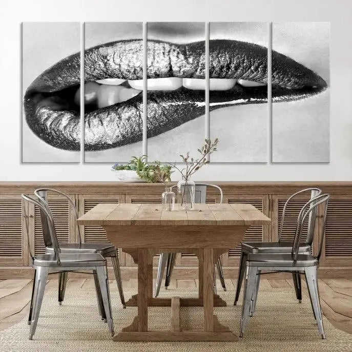 A striking triptych of Lip Bite Wall Art Canvas Print, featuring glossy metallic lips, gleams against a black background. Its UV-protective coating guarantees enduring vibrancy.