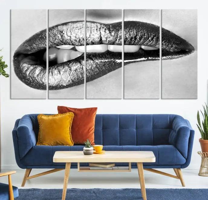 A striking triptych of Lip Bite Wall Art Canvas Print, featuring glossy metallic lips, gleams against a black background. Its UV-protective coating guarantees enduring vibrancy.