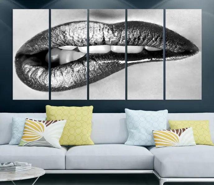 A striking triptych of Lip Bite Wall Art Canvas Print, featuring glossy metallic lips, gleams against a black background. Its UV-protective coating guarantees enduring vibrancy.