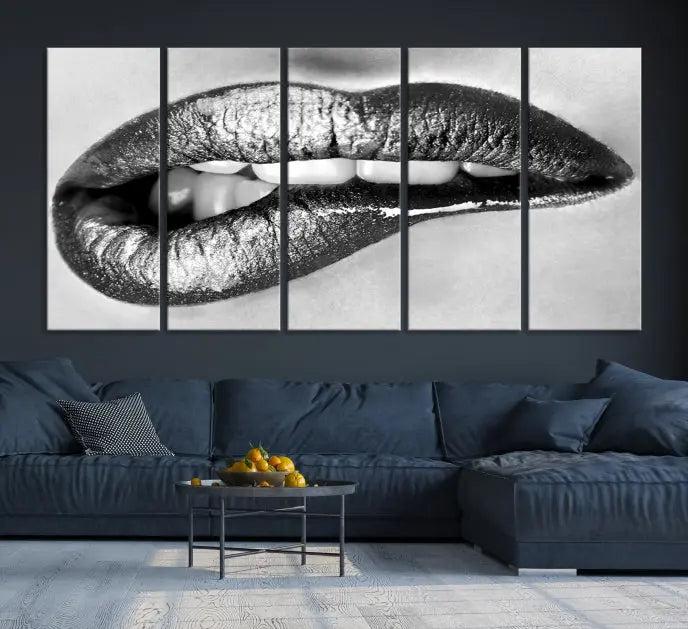 A striking triptych of Lip Bite Wall Art Canvas Print, featuring glossy metallic lips, gleams against a black background. Its UV-protective coating guarantees enduring vibrancy.