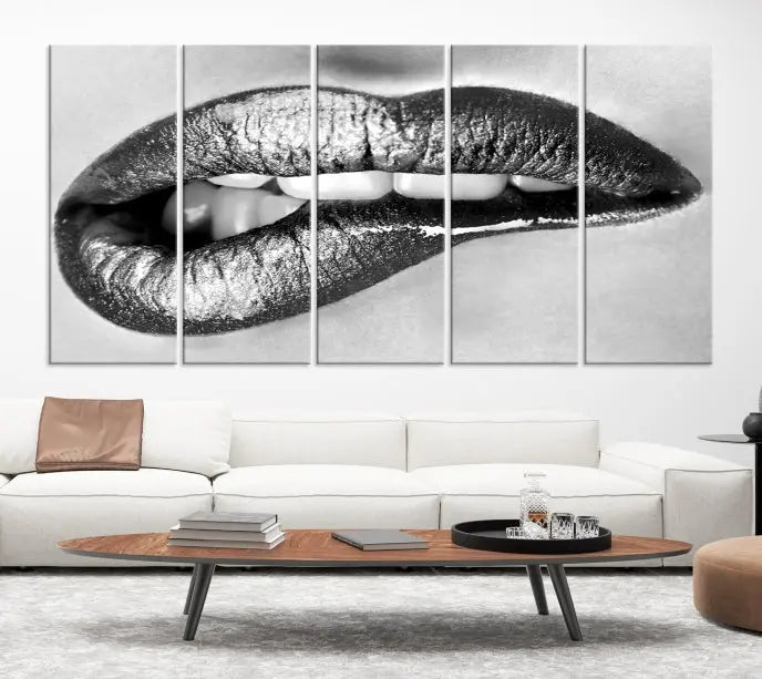 A striking triptych of Lip Bite Wall Art Canvas Print, featuring glossy metallic lips, gleams against a black background. Its UV-protective coating guarantees enduring vibrancy.