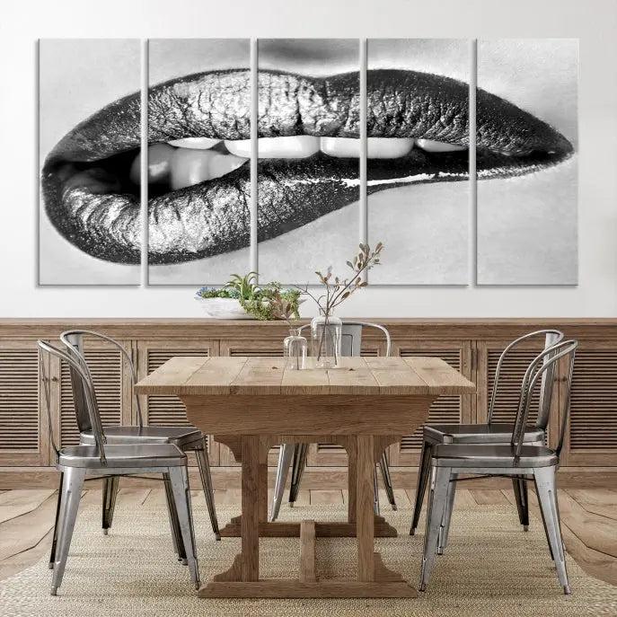 A striking triptych of Lip Bite Wall Art Canvas Print, featuring glossy metallic lips, gleams against a black background. Its UV-protective coating guarantees enduring vibrancy.