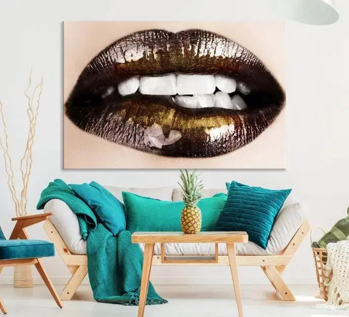 The living room showcases a breathtaking Lips Canvas Artwork Lips Wall Art Print, featuring a gallery-wrapped design on the wall.