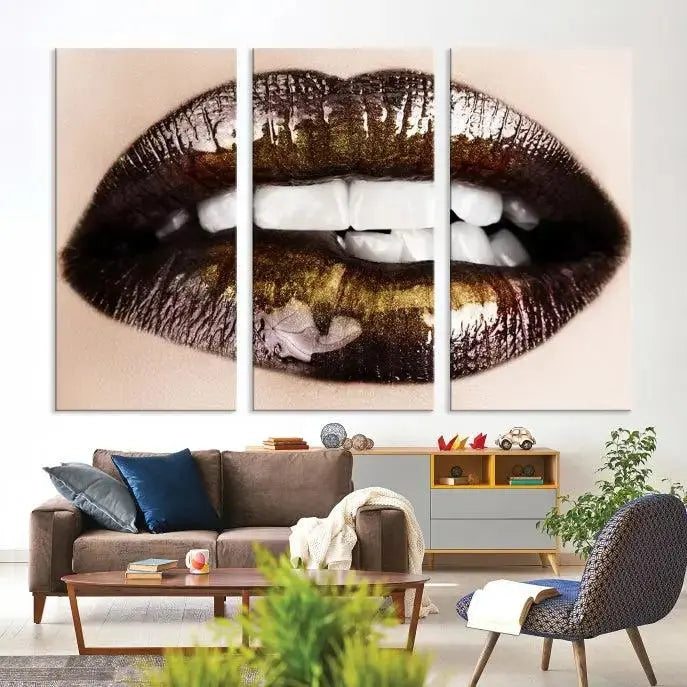 The living room showcases a breathtaking Lips Canvas Artwork Lips Wall Art Print, featuring a gallery-wrapped design on the wall.