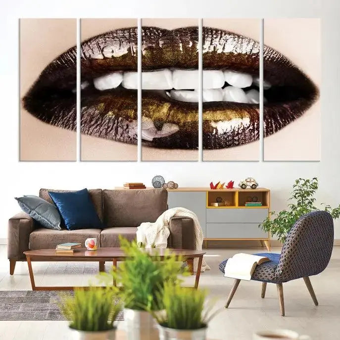 The living room showcases a breathtaking Lips Canvas Artwork Lips Wall Art Print, featuring a gallery-wrapped design on the wall.