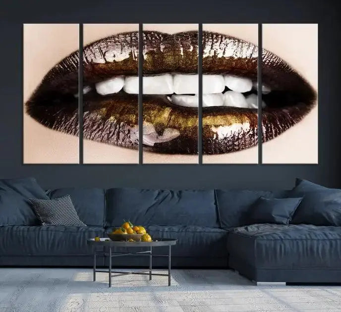 The living room showcases a breathtaking Lips Canvas Artwork Lips Wall Art Print, featuring a gallery-wrapped design on the wall.