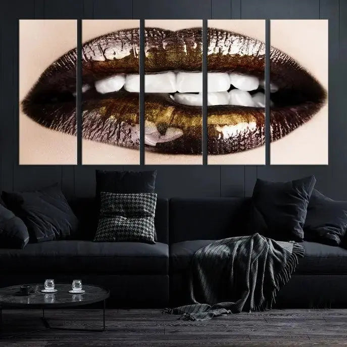 The living room showcases a breathtaking Lips Canvas Artwork Lips Wall Art Print, featuring a gallery-wrapped design on the wall.