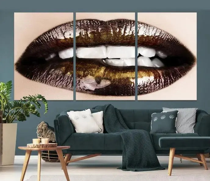 The living room showcases a breathtaking Lips Canvas Artwork Lips Wall Art Print, featuring a gallery-wrapped design on the wall.