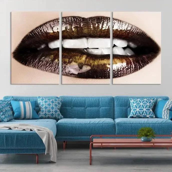 The living room showcases a breathtaking Lips Canvas Artwork Lips Wall Art Print, featuring a gallery-wrapped design on the wall.