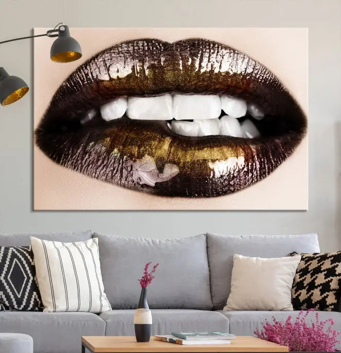 The living room showcases a breathtaking Lips Canvas Artwork Lips Wall Art Print, featuring a gallery-wrapped design on the wall.