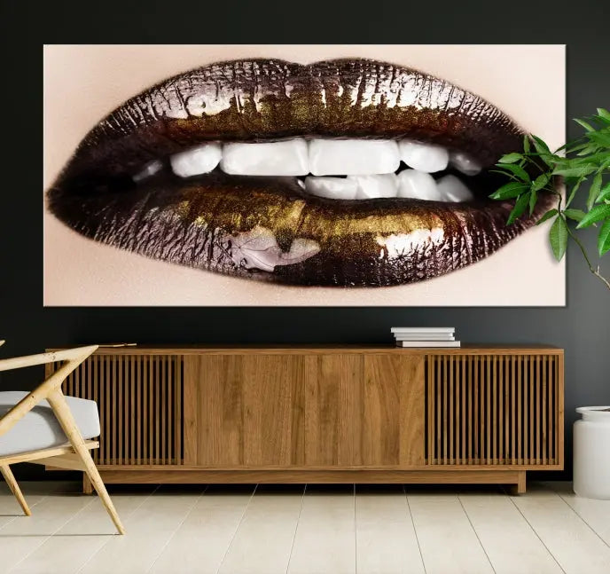 The living room showcases a breathtaking Lips Canvas Artwork Lips Wall Art Print, featuring a gallery-wrapped design on the wall.