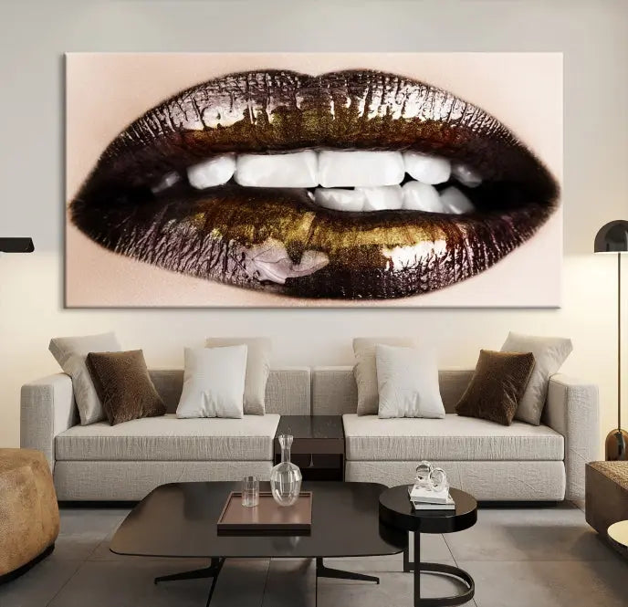 The living room showcases a breathtaking Lips Canvas Artwork Lips Wall Art Print, featuring a gallery-wrapped design on the wall.