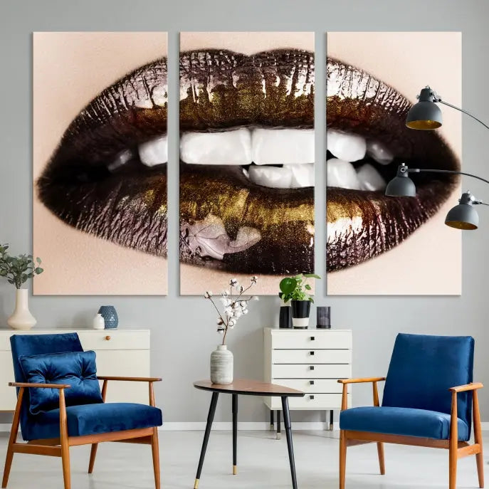 The living room showcases a breathtaking Lips Canvas Artwork Lips Wall Art Print, featuring a gallery-wrapped design on the wall.