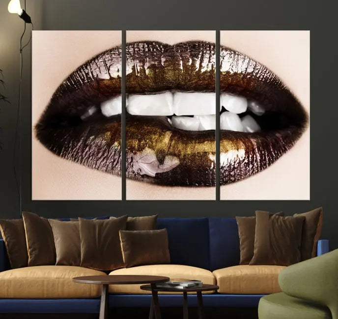 The living room showcases a breathtaking Lips Canvas Artwork Lips Wall Art Print, featuring a gallery-wrapped design on the wall.