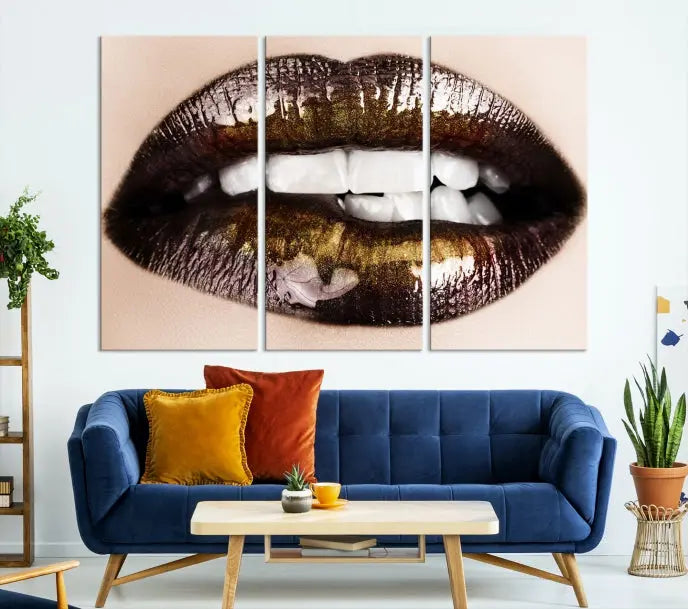 The living room showcases a breathtaking Lips Canvas Artwork Lips Wall Art Print, featuring a gallery-wrapped design on the wall.