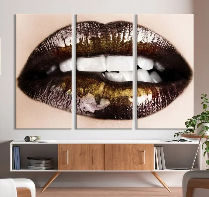 The living room showcases a breathtaking Lips Canvas Artwork Lips Wall Art Print, featuring a gallery-wrapped design on the wall.