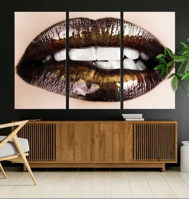 The living room showcases a breathtaking Lips Canvas Artwork Lips Wall Art Print, featuring a gallery-wrapped design on the wall.