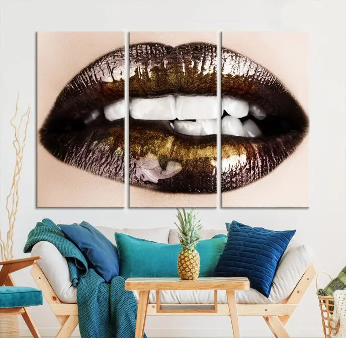 The living room showcases a breathtaking Lips Canvas Artwork Lips Wall Art Print, featuring a gallery-wrapped design on the wall.